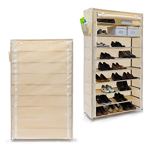 Relaxdays 2 x Schuhschrank Valentin hohes Schuhregal mit Stoffbezug 9 Ablagen Stoffschrank HBT 161 x 88 x 30 cm beige