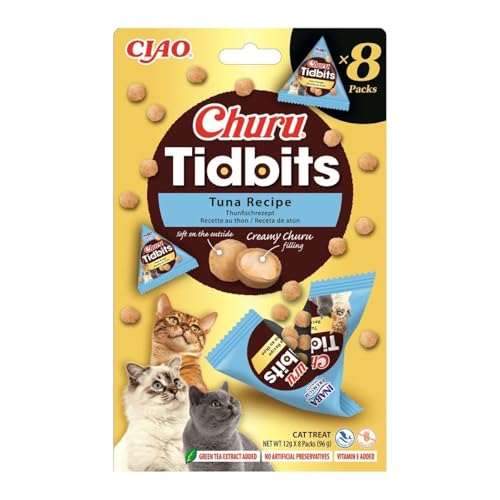 INABA Churu Tidbits Cat Treats für kleine Katzen Hochwertige Proteine mit Thunfisch Getreidefrei Zuckerfrei Katzen Leckerlies Weiche und zähe Katzenleckerlis in kleinen Häppchen 96 g 1er Pack