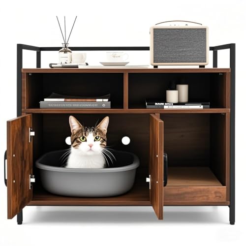 SOARS Katzenschrank für Katzentoilette mit Kratzmatte 89 x 45 x 74 5 cm Katzenhaus mit offenen Regalen 2 Fächern hohe Beine Katzenklo Schrank Katzenmöbel für Wohnzimmer Flur Eingang Kaffee
