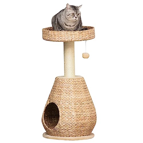 PawHut Katzenbaum Kratzbaum Kätzchen Möbel mit Katzenhöhle Ballspielzeug Sisal weiche Plüsch Höhe 82 5 cm Gelb