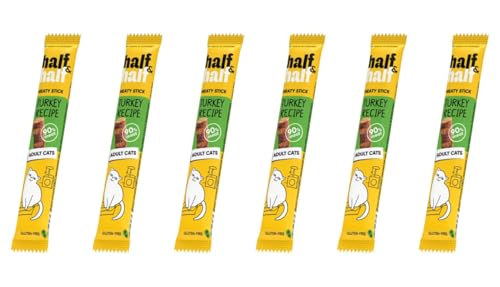 half half - Katzen Leckerlies - Katzenleckerlis - für Fleischige Sticks für ausgewachsene Katzen - Türkei - Katzensnacks mit hohem Fleischanteil und mit Vitamin A D3 E - 6er-Pack 6x5 g