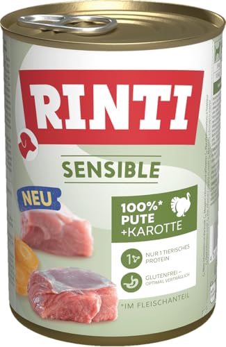 RINTI - Sensible Nassfutter für Sensible ausgewachsene Hunde mit natürlichen Fleischstücken. Getreidefreies Alleinfutter in der Dose ohne künstliche Zusätze 12x400g Pute Karotte