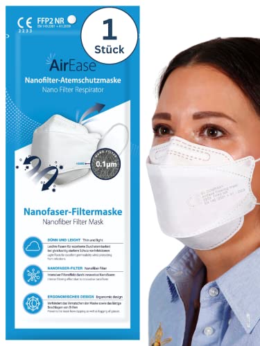 Air Ease FFP2 Masken 1 Stück Fischform weiß CE 2233 zertifiziert einzeln verpackt atmungsaktiver Mundschutz und Atemschutzmaske ohne Ventil