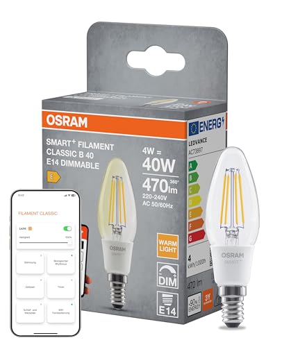 Osram SMART LED-Lampe B40 E14 Kerzenform Filament klar warmweiß 2700 K dimmbar kompatibel mit Alexa Google Home Matter über WiFi