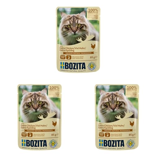 BOZITA Nassfutter Häppchen in Soße mit viel Huhn 12x85g Pouch Portionsbeutel - getreidefrei - für Erwachsene Katzen Packung mit 3