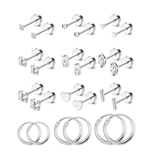 JeweBella 12 Paar Ohrringe Set für Damen - Chirurgenstahl 14K Vergoldet Creolen für Mehrere Ohrlöcher - Zirkonia Herz Klein Ohrstecker Knorpel Tragus Helix Piercing Gold Silber