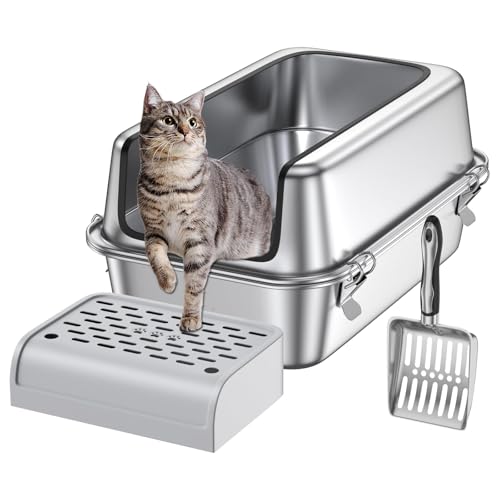 Edelstahl Katzenklo XXL Große Metall Katzenklo Katzentoilette Atzenklo mit Deckel Leicht zu Reinigen Antihaft-Toilette Auslaufsicherer Boden für Große Katzen Kätzchen