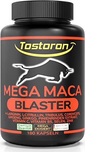 Tostoron MEGA MACA BLASTER hochdosiert - MACH DICH BOSS 180 Kapseln Maca schwarz L-Arginin L-Citrullin Tribulus Cordyceps Ginseng Ginkgo Pinienrinde Vitamine Selen Zink 1 Dose 1x158 4g