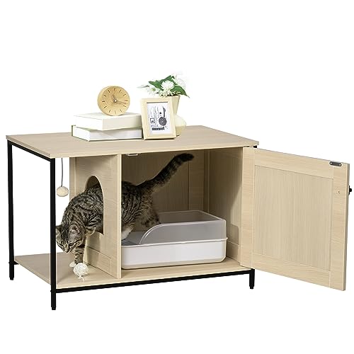 PawHut Katzenschrank für Katzentoilette Katzenhaus mit magnetischer Tür Katzenklo Katzenhöhle mit Spielball Beistelltisch erhöhtes Design Eiche 80 x 48 x 55 cm