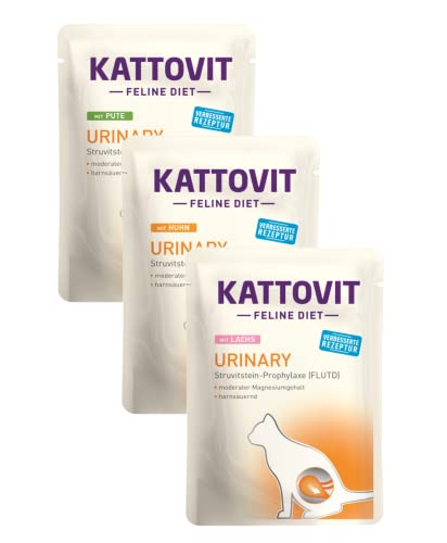 Kattovit Feline Diet Urinary Bundle 18x 85g bestehend aus 3 Sorten Huhn Lachs Pute Zur Verringerung von Struvitsteinrezidiven und der Erkrankung der unteren Harnwege