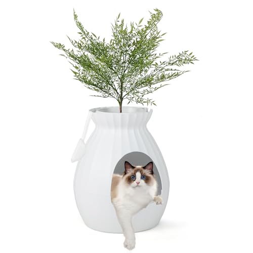 FANTASK 2 in 1 Katzentoilette 63L intelligente Geruchsbeseitigung Sterilisation mit Türvorhang Blumentopf-Stil mit Kunstpflanze Kieselsteinen Schaufel