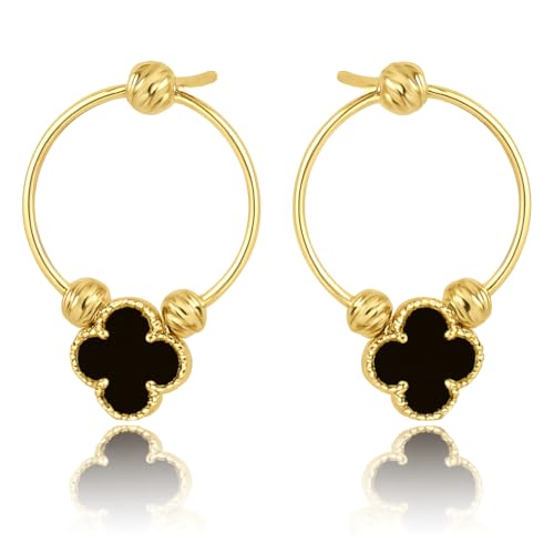 ZEYLA Vergoldete Damen Ohrringe Silber 925 585 Creolen mit vierblättrigem Kleeblatt schwarzem Naturstein Symbol Glück Geschenk Schmuck Goldoptik