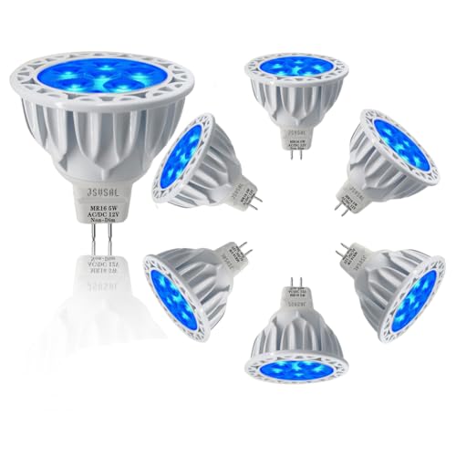 JSVSAL 6-Pack Not Dimmable Blue MR16 GU5.3 Bi-Pin Base LED Bulbs 5W 20W 35W 50W Halogen Equivalent AC DC 12V Low Voltage 40 Degree Spotlights for Landscape Yard Garden Tree Pool Holiday Lighting