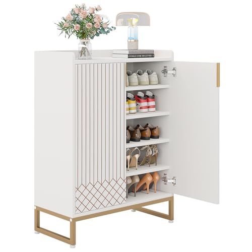 LITTLE TREE Moderner weißer Schuhschrank mit Türen für bis zu 25 Paar 5-stöckiges Schuhregal aus Holz Organizer für Eingangsbereich Schlafzimmer Flur Wohnzimmer