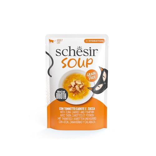 Schesir Suppe mit Thunfischfilets mit Karotten und Kürbis ergänzendes Nassfutter für Katzen Originalrezept 100% natürlich 12 Beutel 40 g