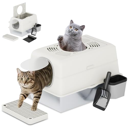 YODOLLA XXL Katzentoilette Edelstahl Katzenklo mit Deckel Schaufel und Pedal Dichtesign für Große Katzen 60x40x38cm Weiß