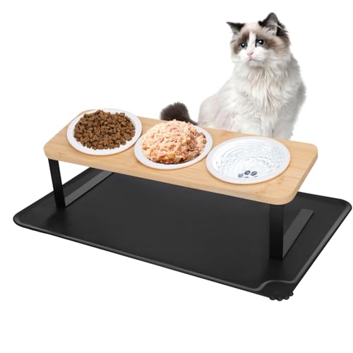 BBWELL Ceramic Feeding Bowls Katzennapf Erhöht 3er Set futternapf Katze aus Keramik mit 15 Neigung mit rutschfestem Bambus und Metallhalter Silikonpad Futterstation für Katzen kleine Hunde