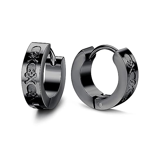 BlackAmazement 2er Set 316L Edelstahl Klapp Creolen Ohrringe geprägt Crossbones Pirat gekreuzte Knochen Schädel silber schwarz Biker Damen Herren Schwarz