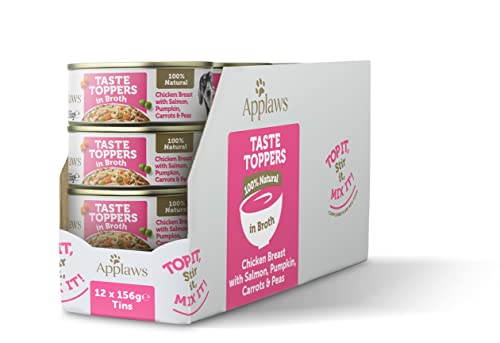  Taste Toppers 100% natürliche Wet Food Topper Huhn mit Lachs Gemüse in Brühe 156g Tin 12x 156g Dosen