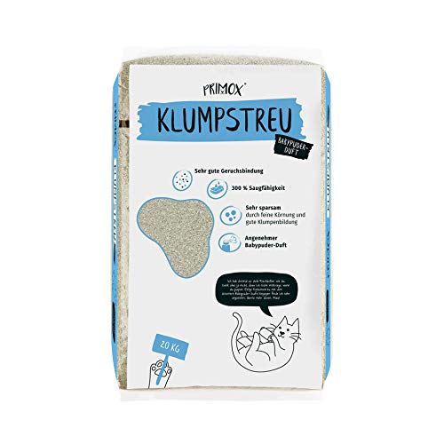 PRIMOX Klumpendes Katzenstreu 20 kg Frischer Babypuderduft 300% Saugfähigkeit Schonend Sicher Sehr gute Geruchsbindung