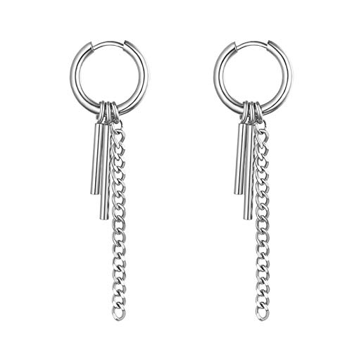 Flongo Damen Ohrringe Herren Ohrstecker aus Edelstahl Gestüt Stecker Creolen Huggie Ohrhänger Silber mit hängend Kette Anhänger Gotik Frauen Männer