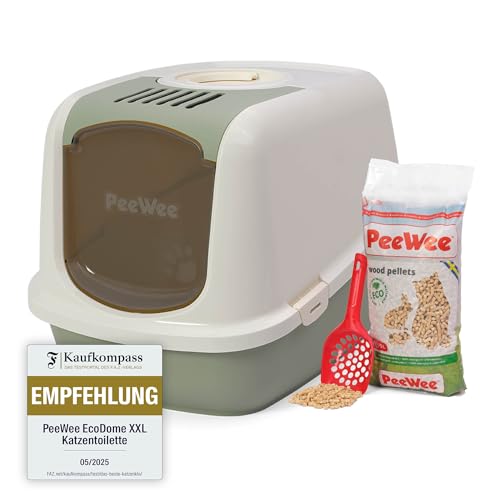 Katzentoilette XXL PeeWee EcoDome Katzenklo mit Haube Katzen WC geschlossen inkl. 3kg Streu Holzpellets Farbe Salbeigrün-Creme