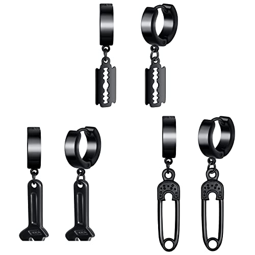 feilok 3 Paar Edelstahl Creolen Herren Ohrpiercing Ohrstecker mit Anhänger für Männer Frauen Damen Ohrringe Rasierklinge Büroklammer Schraubenschlüssel