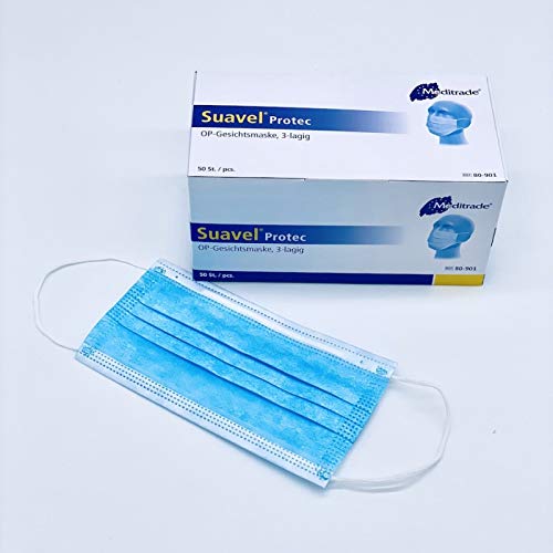 50 Stück Mundschutz Meditrade Suavel Protec 80-401 CE-zertifiziert EN14683 Typ II blau 3-lagig hochwertig mit Gummischlaufen aus PP-Vlies formbarer Nasenbügel