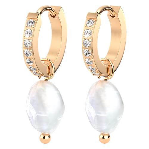 THIORA Damen Ohrringe - Caribbean Glow Perlen Creolen 18kt Gold oder Rosegold Zirkonia Steine Abnehmbare Perle Edelstahl Geschenk für sie Gold