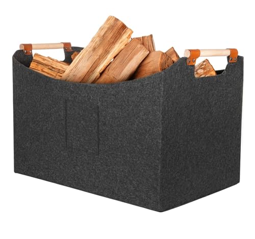 LINSOCLE Tasche für Kaminholz Filz Holzkorb für Kaminholz Kaminholzkorb groß xxl Brennholz Korb 55x32x40cm- 4mm Weicher Filz Kratzschutz Holz-Kunstleder Griffe Klappbar