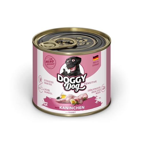 DOGGY Dog Pat Kaninchen Sensitive 6 x 200 g Nassfutter für Hunde getreidefreies Hundefutter mit Lachsöl und Grünlippmuschel besonders gut verträgliches Alleinfuttermittel Made in Germany