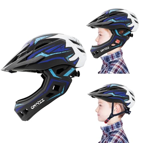 Kinder Fahrradhelm Leicht Integralhelm Mit Abnehmbarem Kinnschutz und Visier - Downhill Helm für Balance Bike Scooter Roller Skates - Blau-Weiß M
