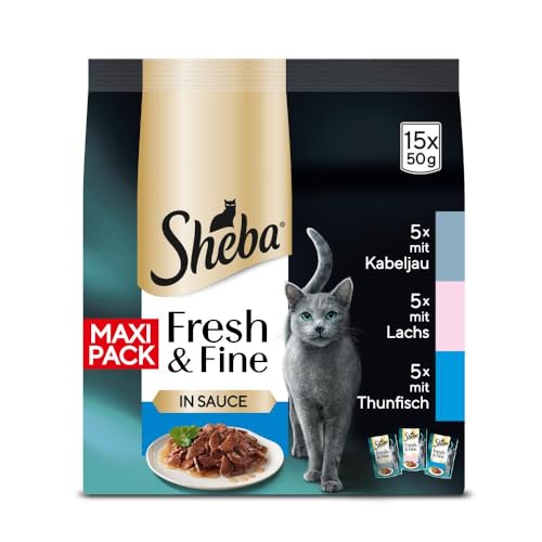SHEBA Fresh Fine Multipack Portionsbeutel 3 Varietäten Kabeljau Lachs Thunfisch in Sauce MSC 5x15x50g
