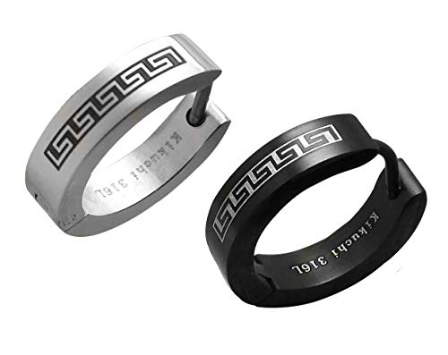 Kikuchi Herren Männer Ohrringe Titan Stäbchen Edelstahl Creolen 16mm Greek Key Schwarz Silber ERTS021