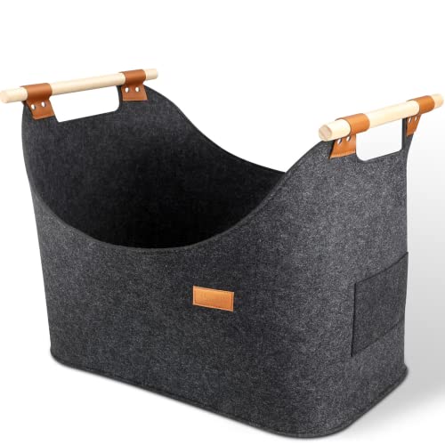 Kaminholzkorb XXL mit Tragegriffen - Holzkorb für Kaminholz - Groß Filztasche Shopper Filzkorb für Spielzeug Kleidung Obst Brennholz Zeitungen - 50 x 40 x 30 cm