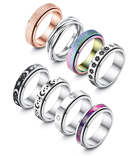 Adramata 8Pcs Ring für Damen Herren Edelstahl Ringe für Anti Stress Zapple Band Ringe Set Anxiety Ring Spinning Angst Ringe für Anti Stress
