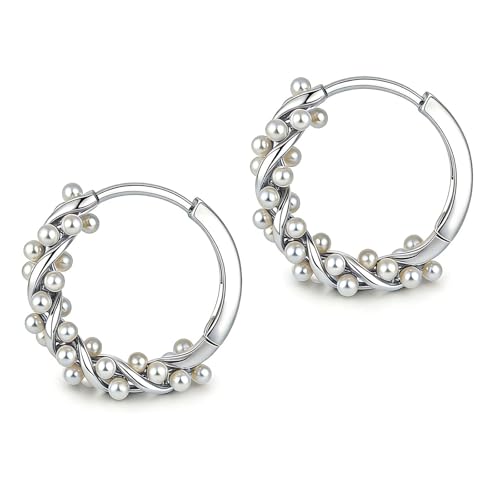 KNUIUYY Ohrringe Silber 925 Perlen Twist Creolen Ohrhänger für Damen Frauen Perlen Ohrstecker 925 Silber Hochzeit Braut Schmuck Geschenk für Mutter Freundin Geburtstag Perlenohrringe