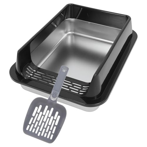 ASAKKURA Edelstahl Katzentoilette mit Deckel und Schaufel Metall Katzenstreuschale Mittelgroß Spritzwassergeschützt Stabil Kratzfest für Wohnung Garten Indoor und Outdoor Schwarz