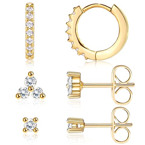3 Paar Ohrringe Gold Damen Set Hypoallergene Medizinische Edelstahl Ohrstecker Tragus Helix Piercings Kleine Creolen Ohrstecker mit Zirkonia Mini Ohrring Schmuck für Mehrere Piercings Sets