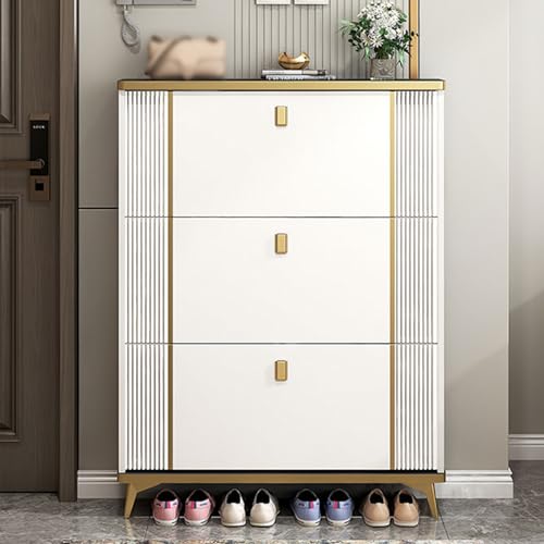 Schmales Schuhregal aus Holz mit 3 Klapptüren freistehend Schuhaufbewahrung für Flur Eingangsbereich Schlafzimmer Wohnung Größe 50 x 17 x 120 cm Farbe Weiß
