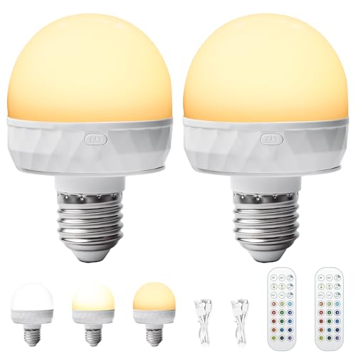 GBKDQQ Wiederaufladbare Glühbirne mit Fernbedienung 2 Stück 3 Farben Dimmbare LED Glühbirne E27 2500mAh Magnetisch RGB LED Glühbirne Akku Glühbirne mit Timing-Funktion Notlicht für Camping