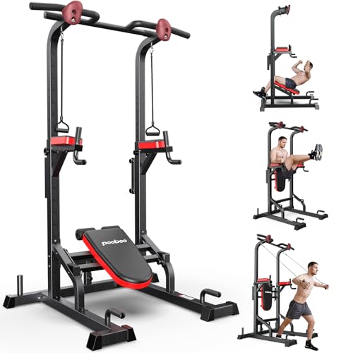 Pooboo Power Tower Multifunktionale Kraftstation für Zuhause mit 11-fach Höhenverstellung und Elastikband Klimmzugstange Freistehend für Home Gym Training Klimmzügen Dips Schwarz mit Rückenbrett