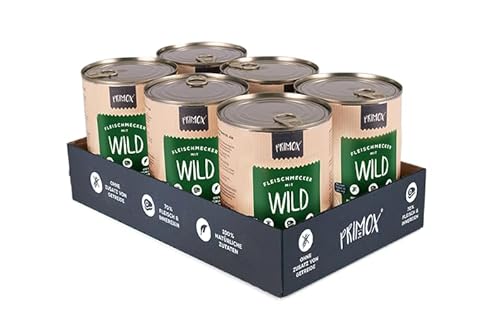PRIMOX Fleischmecker Hunde-Nassfutter Getreidefrei 70% Fleisch Innereien Made in Germany 100% Natürlich Omega-3 für Haut Fell Gluten- Laktosefrei Wild 6x400 g