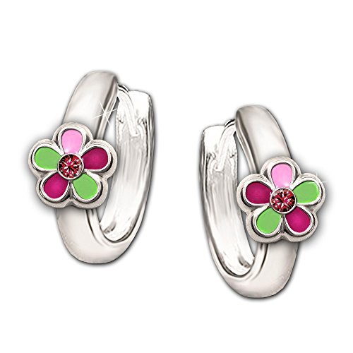 Clever Schmuck Silberne Mädchen Ohrringe als Creole 12 mm Blume grün pink rosa lackiert Zirkonia rot STERLING SILBER 925 im Etui rosa