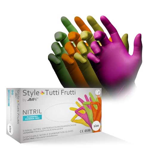 AMPri Nitrilhandschuhe bunt Farbenmix 96 Stück Box Größe XL puderfrei Style tutti frutti by Med-Comfort Nitril Einmalhandschuhe Einweghandschuhe in den Größen XS S M L XL