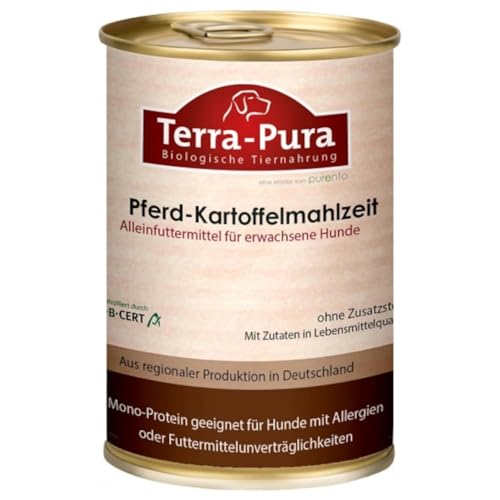 Terra-PURA Hundefutter Pferd-Kartoffelmahlzeit 400g Premium Nassfutter für empfindliche Hunde glutenfrei - 55% Pferdefleisch ohne Getreide für Allergiker geeignet - Tiernahrung für Hunde