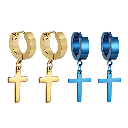 Flongo Herren Ohrstecker Creolen Damen Ohrringe Edelstahl Ohrstecker Ohrringe Blau Gold Stecker Runden Kreuz Anhänger Jahrgang Männer Frauen