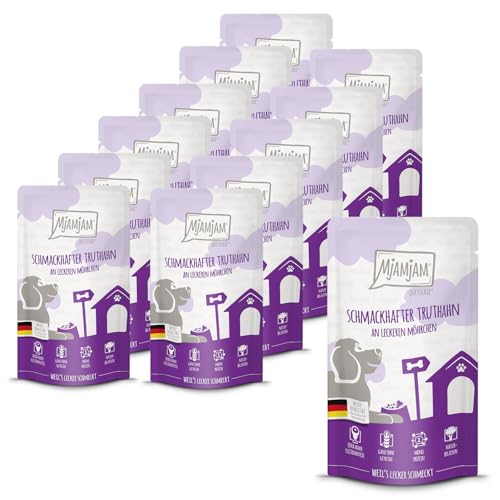 MjAMjAM - Premium Nassfutter für Hunde - Quetschie - schmackhafter Truthahn an leckeren Möhrchen 12er Pack 12 x 125g getreidefrei mit extra viel Fleisch