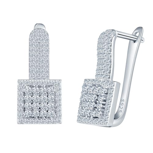 MICSAVI 925 Silber U-förmige Creolen Ohrringe mit Zirkonia Steinen Geometrisches Quadrat Ohrschmuck für Hochzeit Abschlussball Hypoallergener Damen Ohrstecker Elegantes