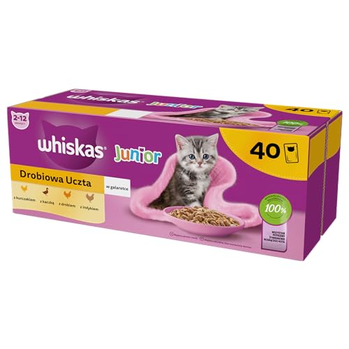 Whiskas Junior Katzennassfutter Geflügel Auswahl in Gelee 40 Portionsbeutel 40x85g 1 Großpackung Hochwertiges Katzenfutter nass für heranwachsende Katzen von 2 bis 12 Monaten
